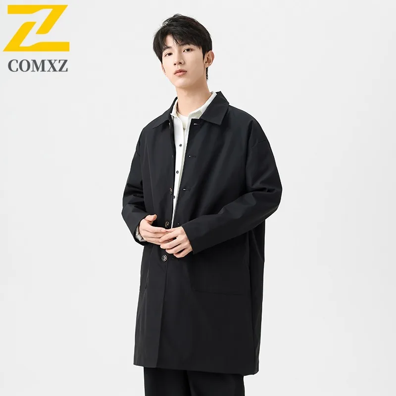 

COMXZ 2025 Spring Mid Length Trench Coat Men Workwear Jacket Casual Waterproof Windproof Trendy Business Lightweight Outerwear