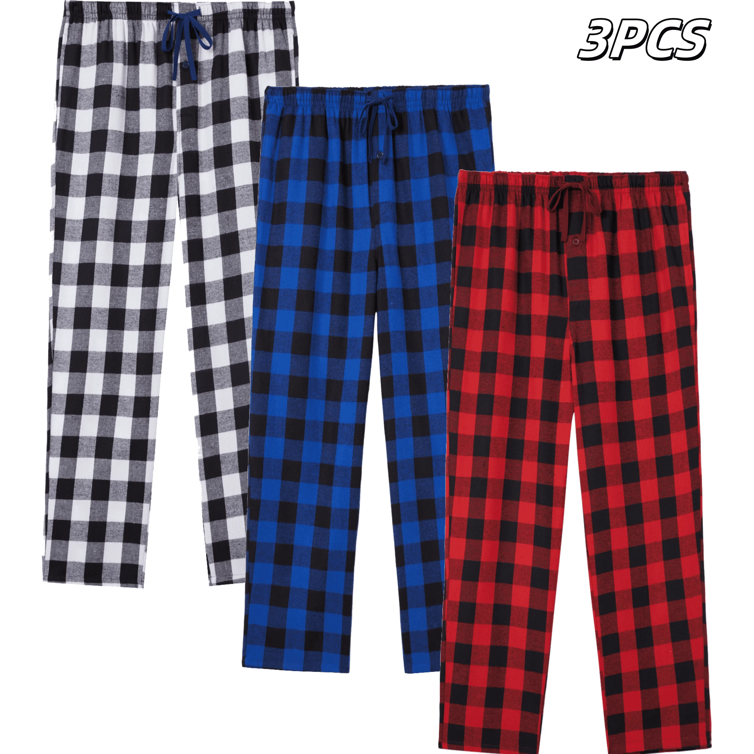 3pcs Men's Flannel Pajama Bottoms Spring Fashion Plaid Sleeping Pants Elastic Lace Up Home Casual PJ Pants Male with Pocket