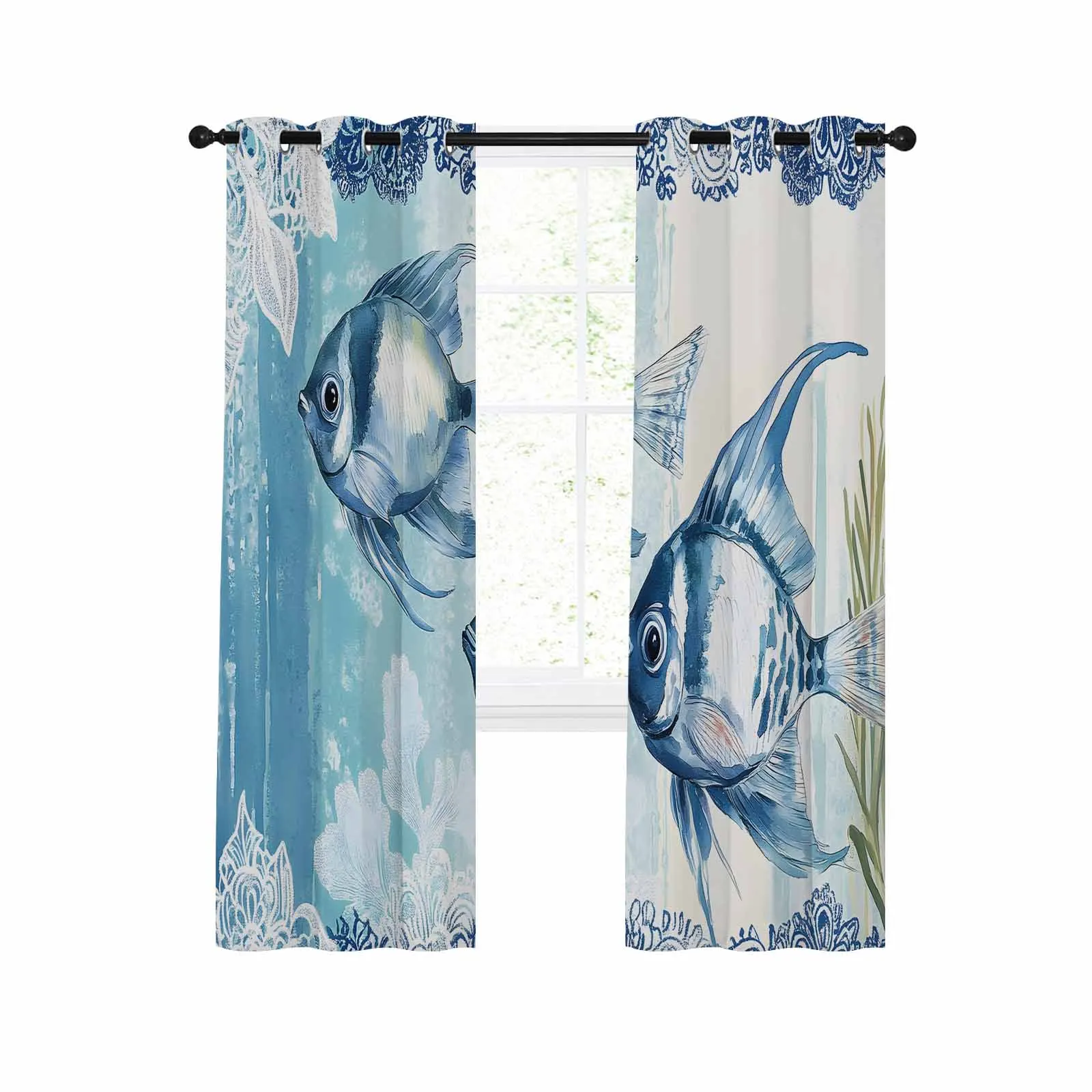 

Hand-painted Fish Marine Life Curtains for Home Living Room Window Decoration Curtains In Home Kitchen Luxury Bedroom Drapes
