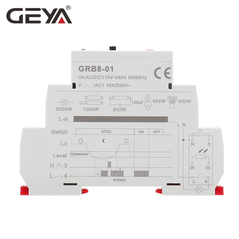 GEYA GRB8-01/02 Twilight Switch AC110V-240V Street Light Sensor Din Rail Modular Relay 16A Automatic Switching