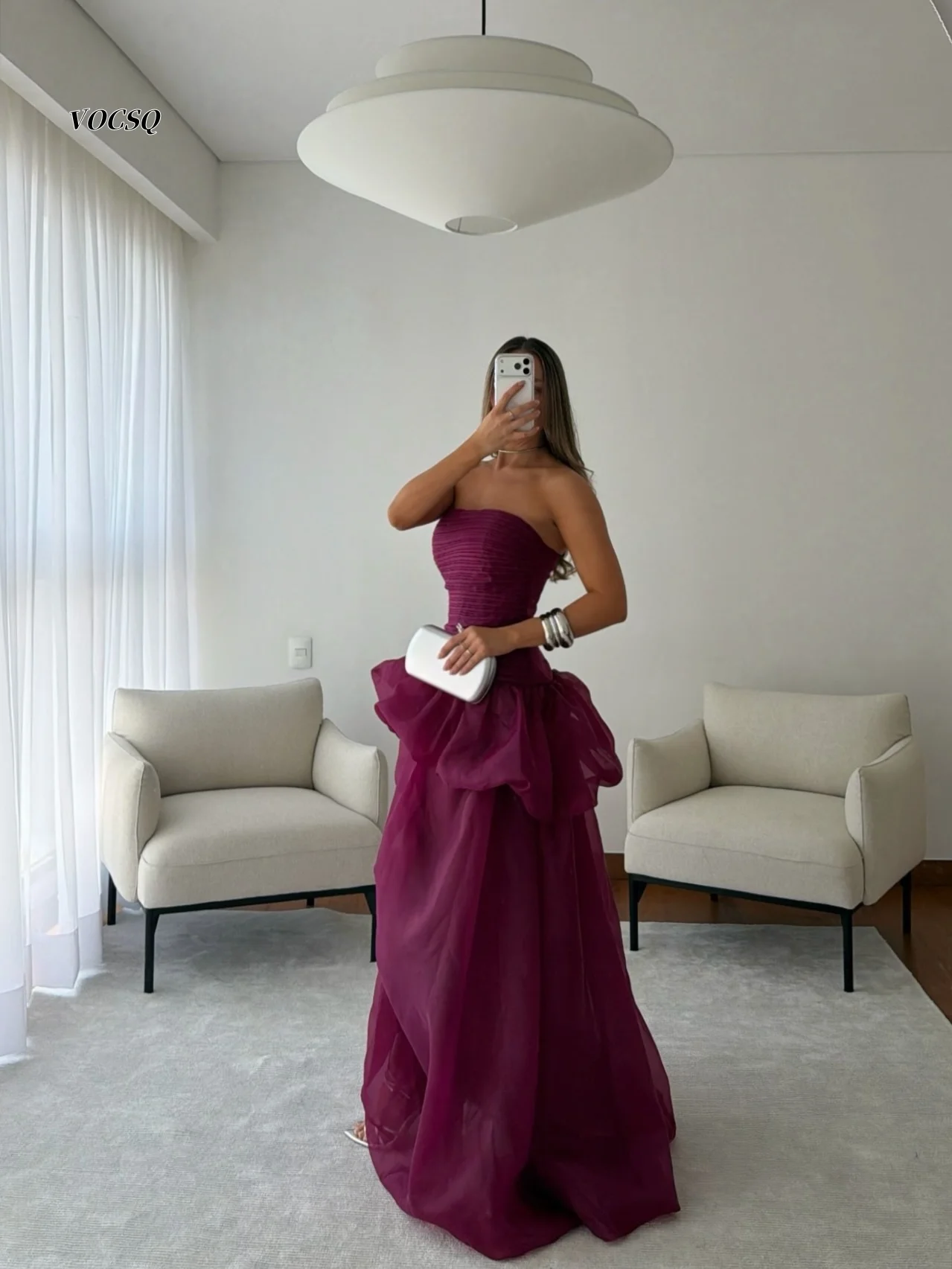 Prom Dress 2026 Magenta Organza Strapless Pleated High Slit Gown Women Elegant Gala Formal Occasion Evening Dress Customized