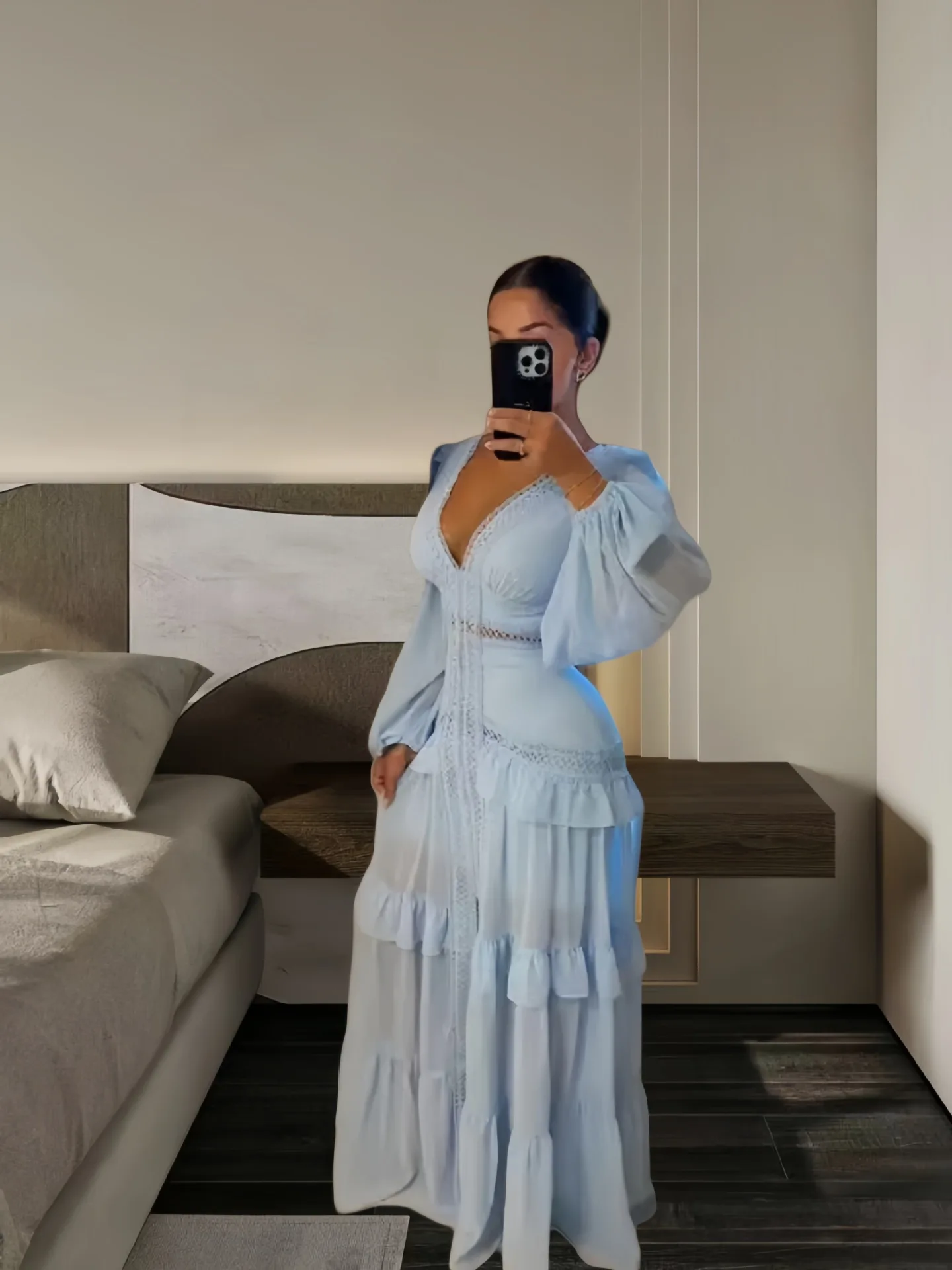 

Осеннее женское шифоновое макси-платье 2026 года с V-образным вырезом, оборками по низу, длинными рукавами и разрезом, струящееся, длинное