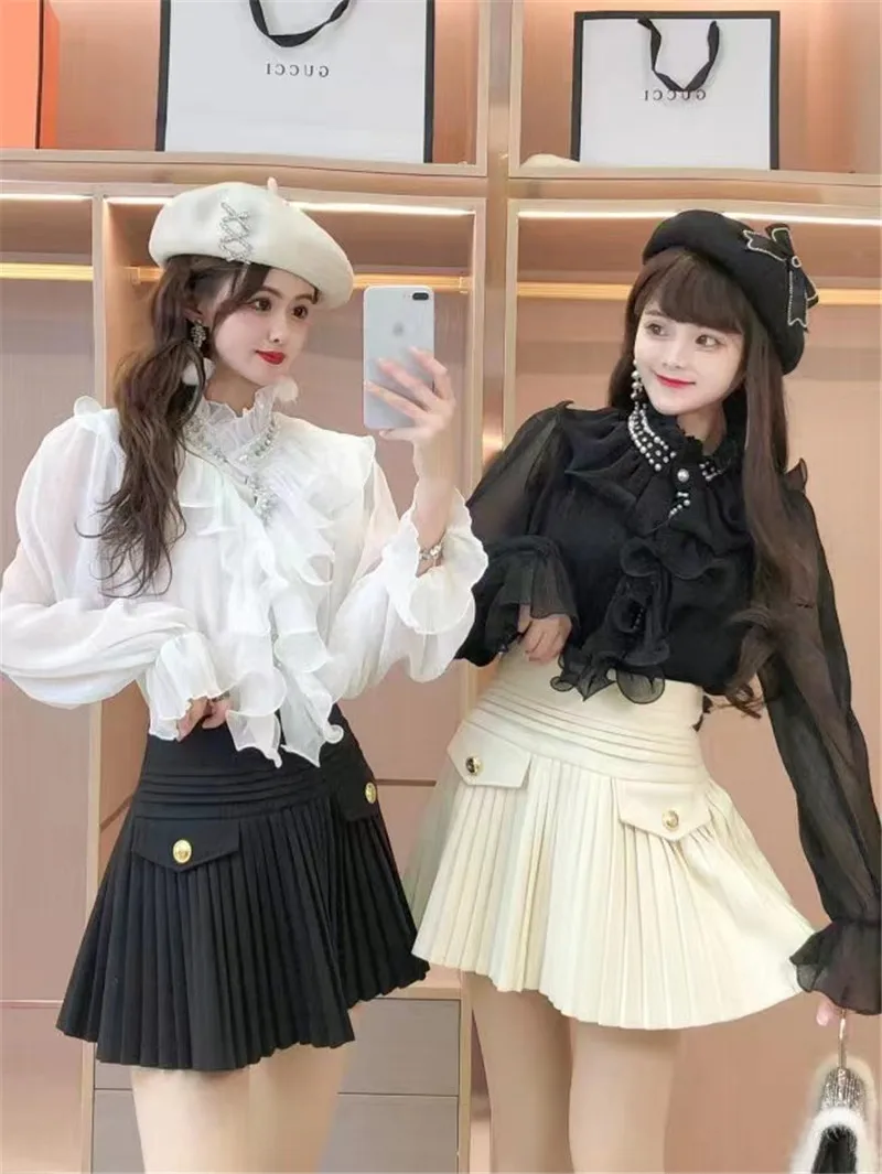 WIGADFHK 2023 Spring Fashion Ruffled Puff Sleeve Shirt Women\'s Diamond Stand Collar Top Elegant Casual Office Ladies Chic Top