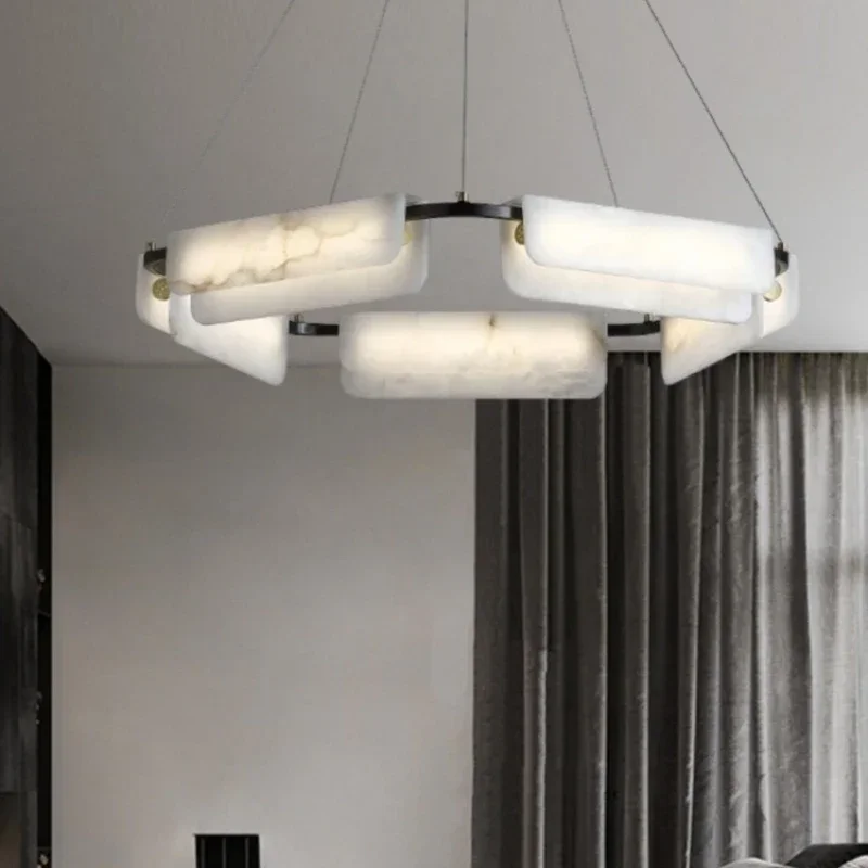 

New Chinese Full Copper Chandeliers With Marble, Creative Square Marble Lustre, Led Villa Bedroom Living Room Lighting Fixtures