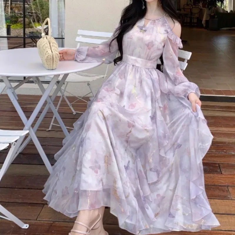 Summer Women Elegant Printed Ruffled Dress Off-shoulder Ruffled A-line maxi Dresses Women Elegant High Waist Fairy Party Dress