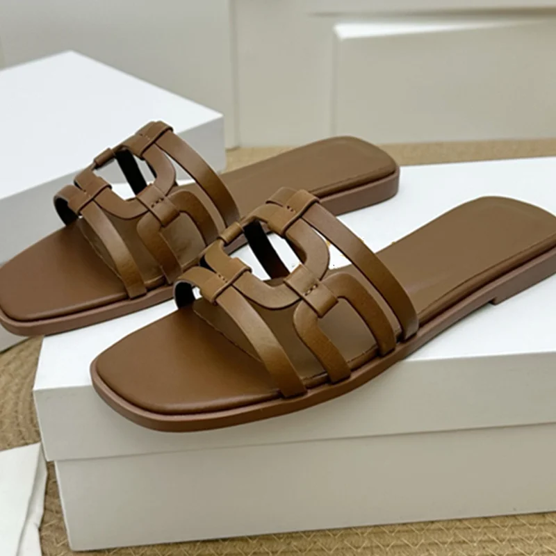 Withered French Retro Hollow Cow Leather Sandals Minimalist Lazy Leather Flat Slippers For Women Summer Shoes Women