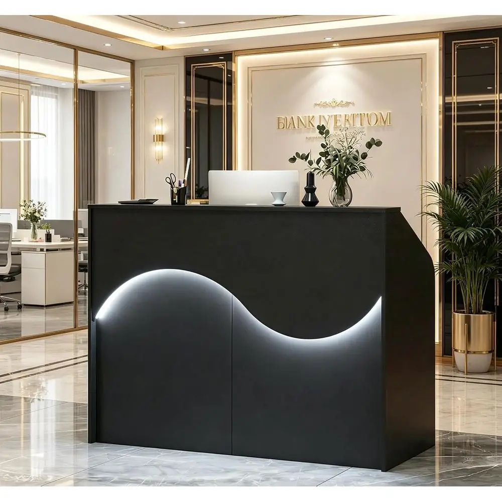 

55 Front Desk with Counter, LED Lights, Built-in Outlets & USB Ports, Lockable Drawers for Office or Retail - Black