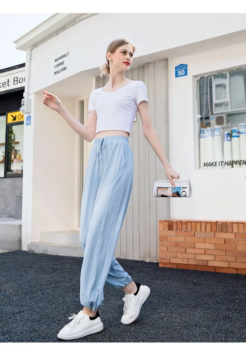 여름 소녀 얇은 lce 실크 넓은 다리 바지 여성 캐주얼 Hiah 허리 스트레이트 LegTrousers 레이디 편안한 새틴 패브릭 바지