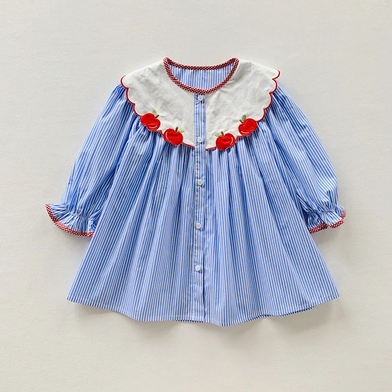 New Autumn Girls Long-Sleeve Dress Children Embroidered Apple Dress Kids Sweet Top Stylish Versatile Toddler Shirt Korean Style