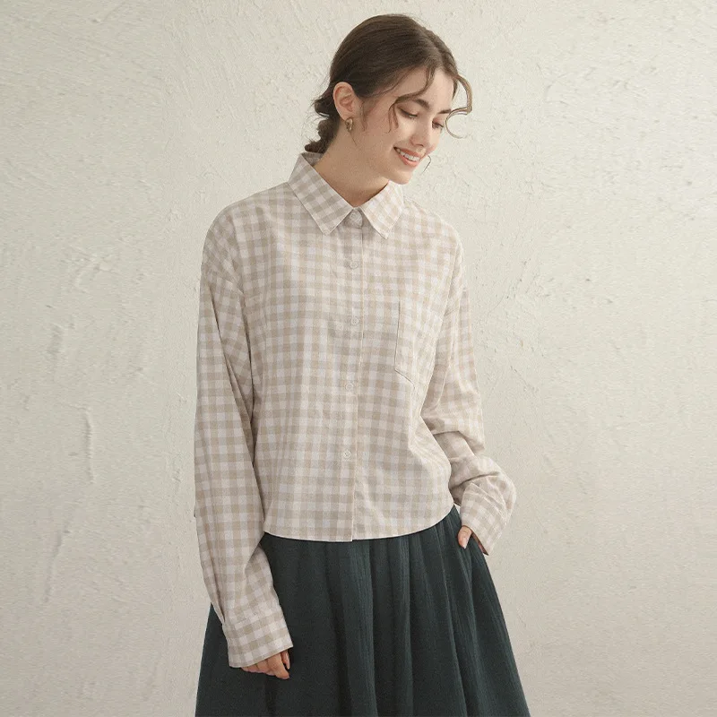 Plaid Shirt Niche Retro Linen Cotton Long-sleeved Top Can Be Worn Alone And Stacked With Fashionable Temperament Women