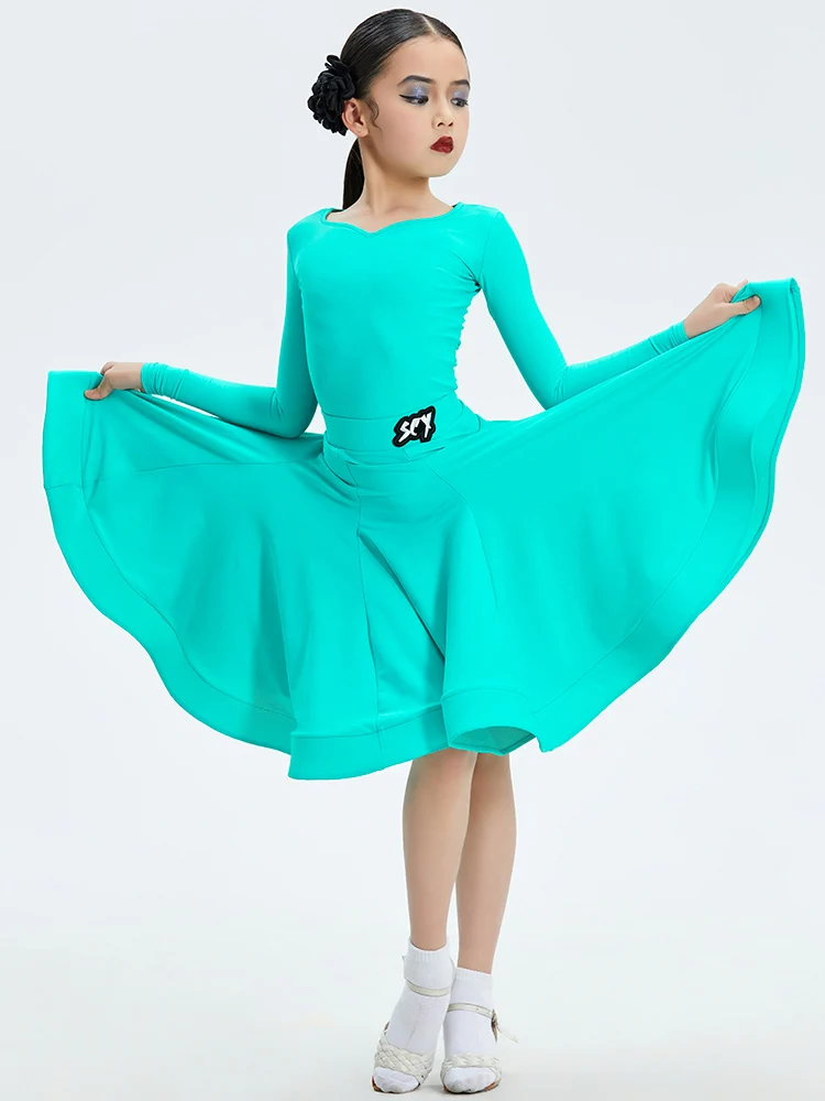 Children Latin Dance Competition Clothing Girls Long Sleeves Dress Suit Cha Cha Rumba Samba Practice Training Dress DNV17819