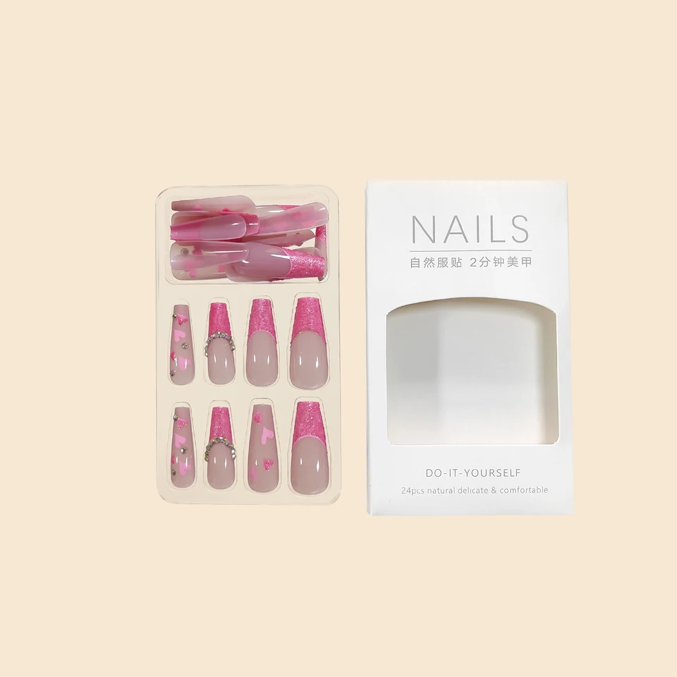 Set de 24 uñas postizas largas ballet francés con corazón, decoración de piedras brillantes, cobertura completa, uñas postizas de presión 4