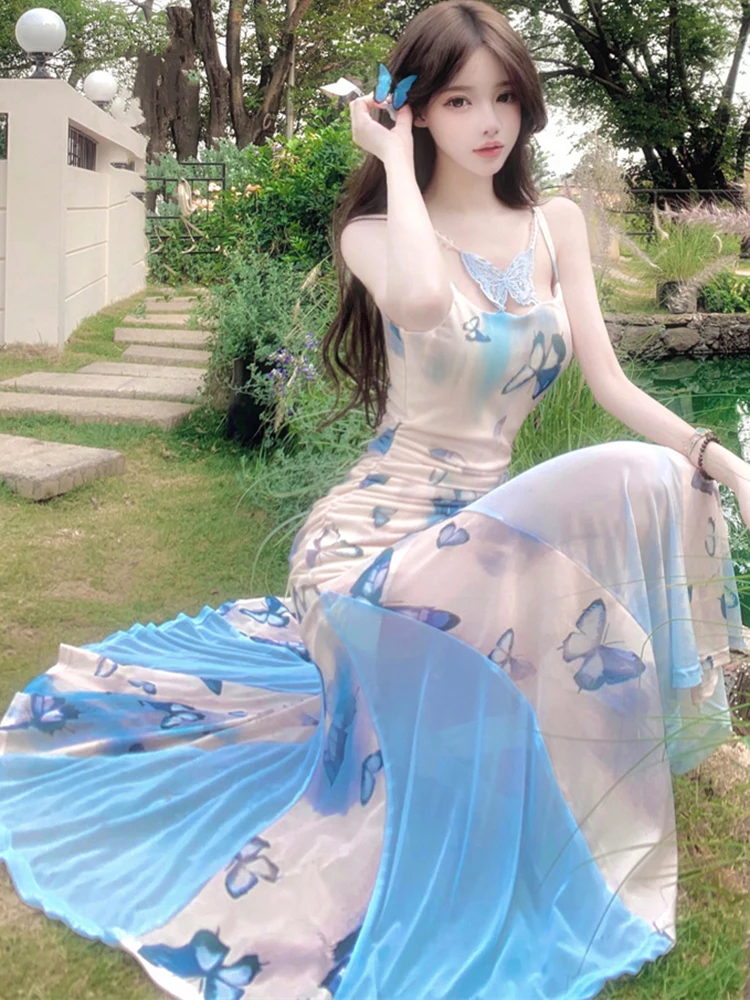 2025 Boho Blue Floral Mesh Chic Sling Sexy Long Dress Women Elegant Ruffled Casual Dress Summer New Korean Bodycon Holiday Dress