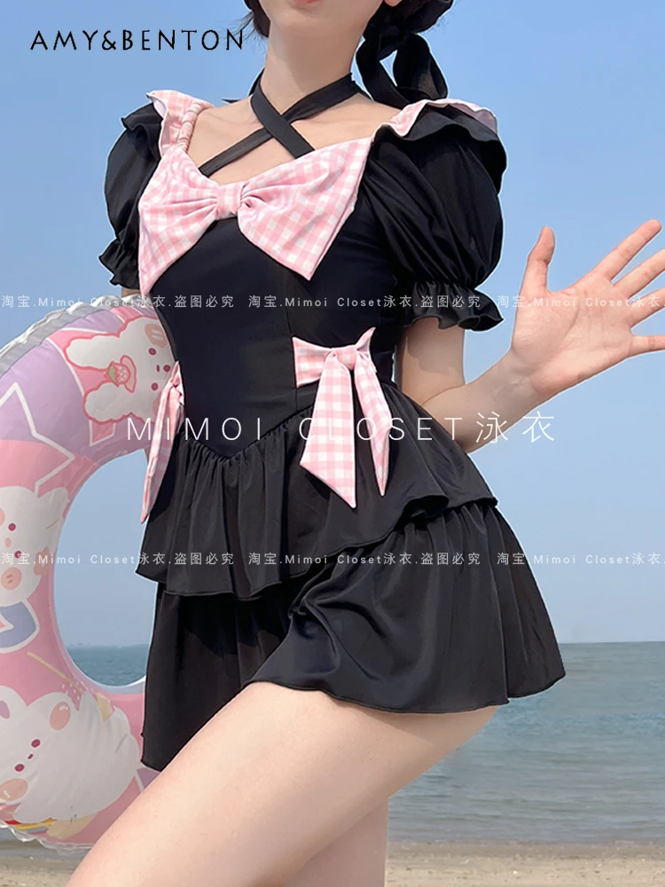 Summer New Japanese Cute Puff Sleeve Lolita One Piece Swimsuit Women Sweet Bow Patchwork Swimwear Kawaii Slim One Piece Swimsuit