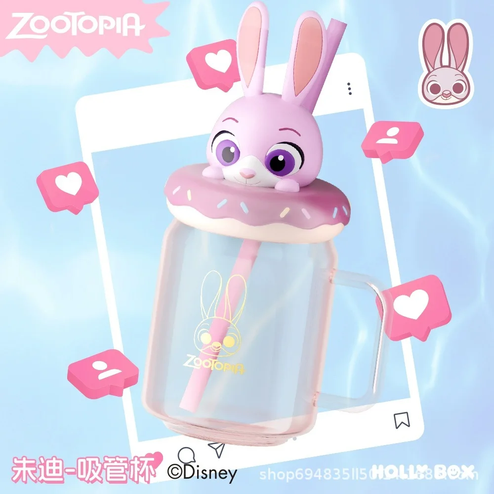 Nieuwe Officiële Zootopia Stitch Aardbei Beer Judy Water Cup met Stro Cartoon Anime Hoogwaardige Glazen Beker Voor meisje Gift