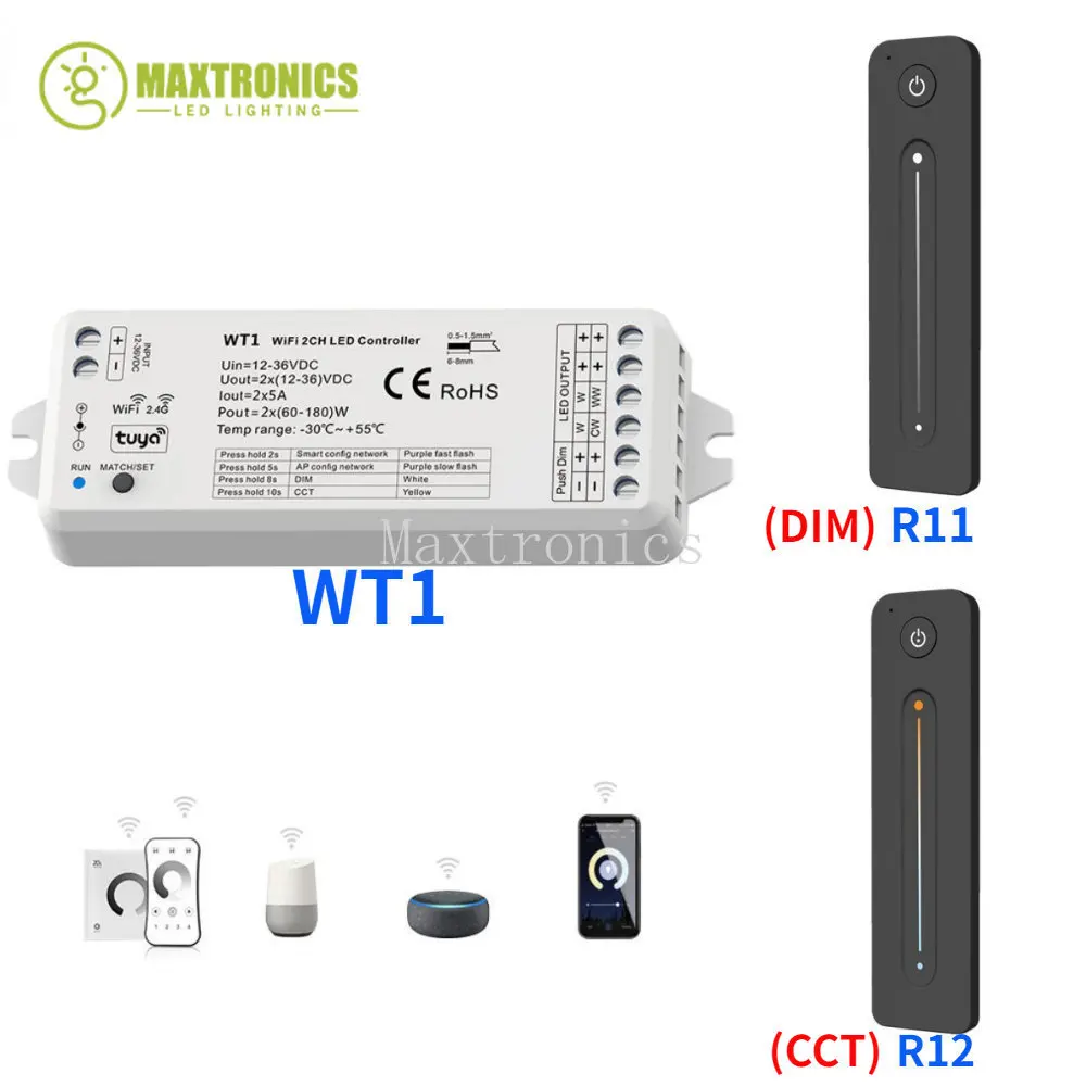 Tuya WT1 DC12V-36V WiFi LED Controller 2CH With Alexa Google Home Dimmer +2.4G RF Remote control For Single Color CCT LED Strip