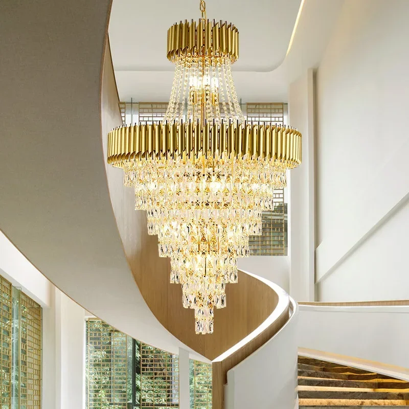 Lustre moderno de luxo para sala de estar, dourado, decoração de casa, escada, luminária grande, design espiral, corredor, luz de cristal