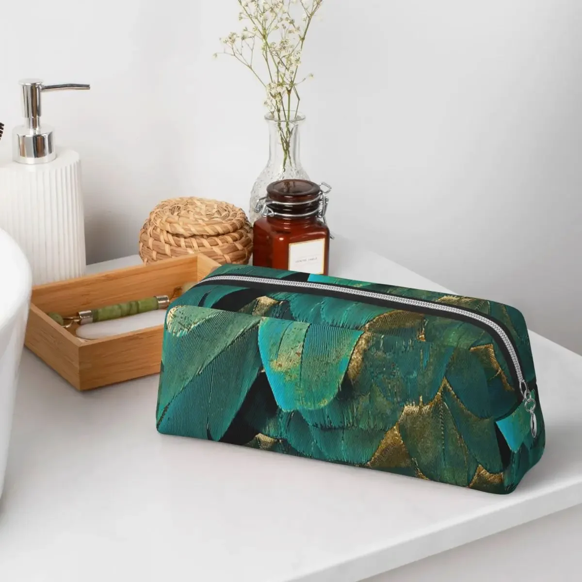 Estuches para lápices con purpurina de plumas, color verde azulado y dorado, estuche para lápices de gran capacidad, bolsa para lápices para niños y niñas, escuela