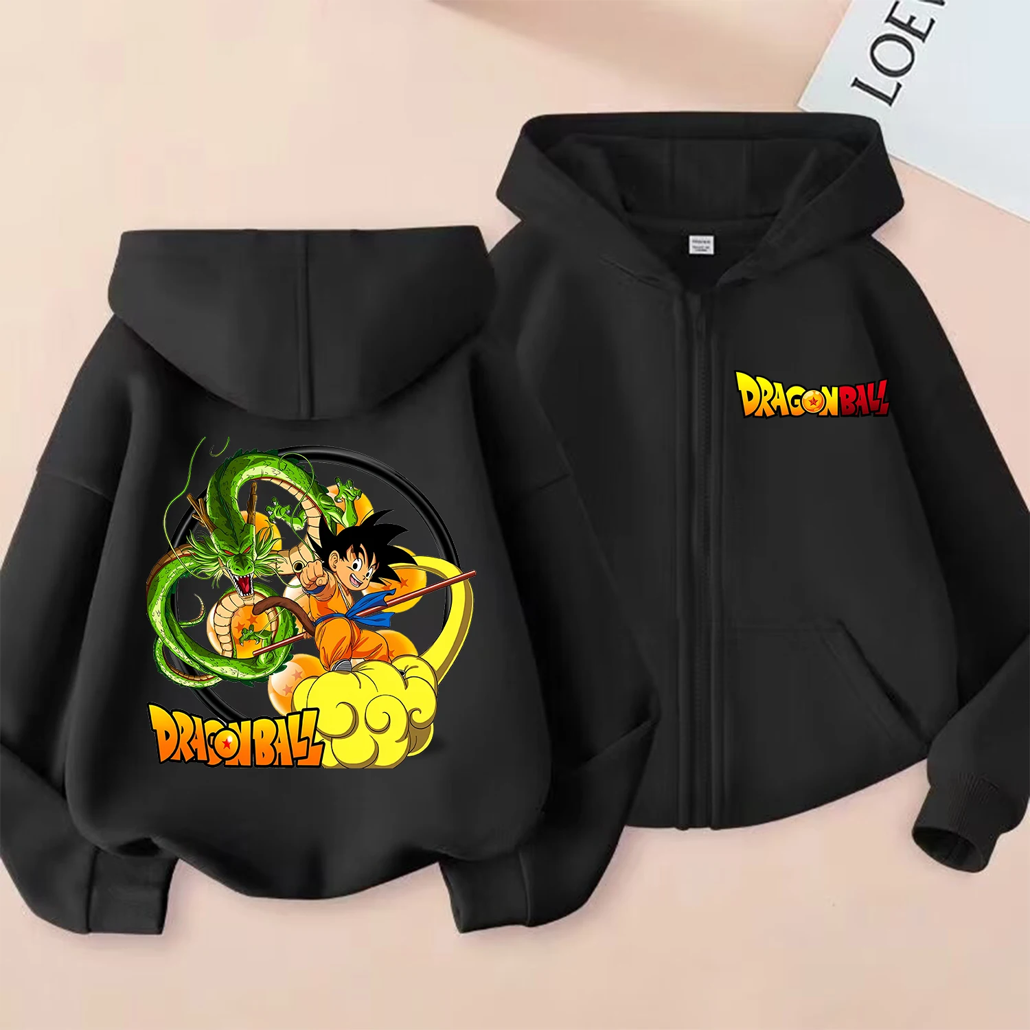 Sudadera con capucha de Dragon Ball Goku para niños y niñas, abrigo de dibujos animados, ropa fina de moda, chaqueta con capucha negra de otoño, sudadera de anime para niños, regalo