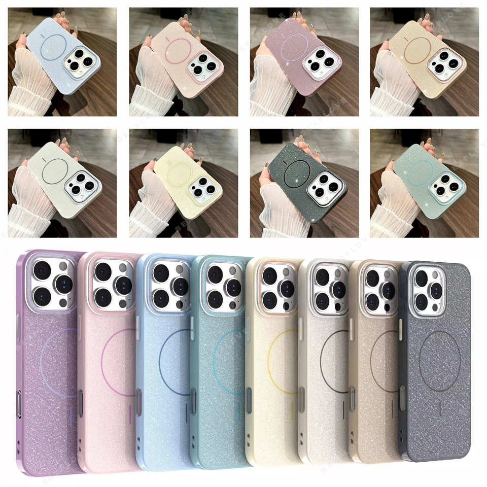 Magnetic Phone Case for iPhone 16E 15 14 Plus 11 12 13 16 Pro Max Magsafe Luxury Glitter Wireless Charging Shockproof Hard Cover