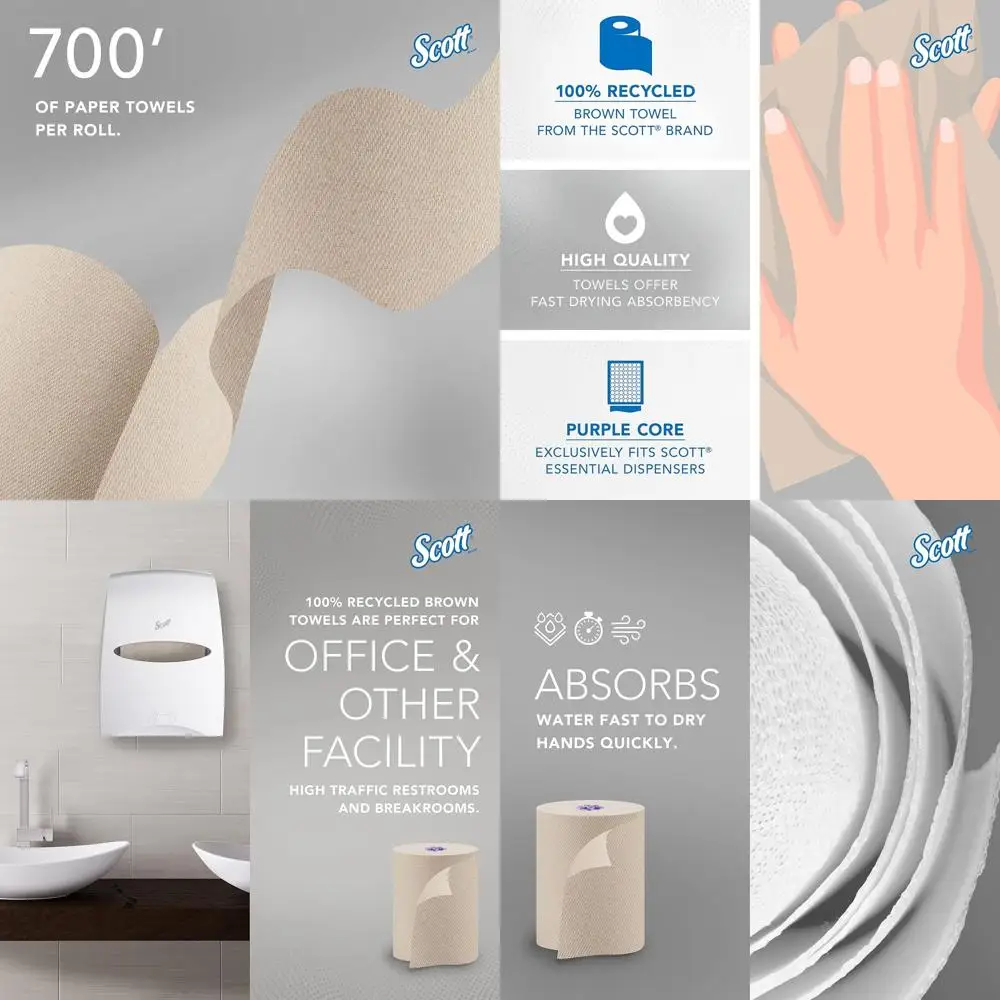 

100% Recycled Hard Roll Paper Towels, Bulk, Absorbent, Brown, Coreless Dispensers (6 Rolls, 700 Sheets Each, 4200 Sheets/Case)