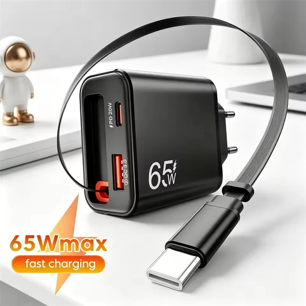 65W USB Phone Charger With Retractable Super Fast Charging Type C Cable For iPhone 17 16 POCO Xiaomi QC 3.0 USB PD Wall Charger