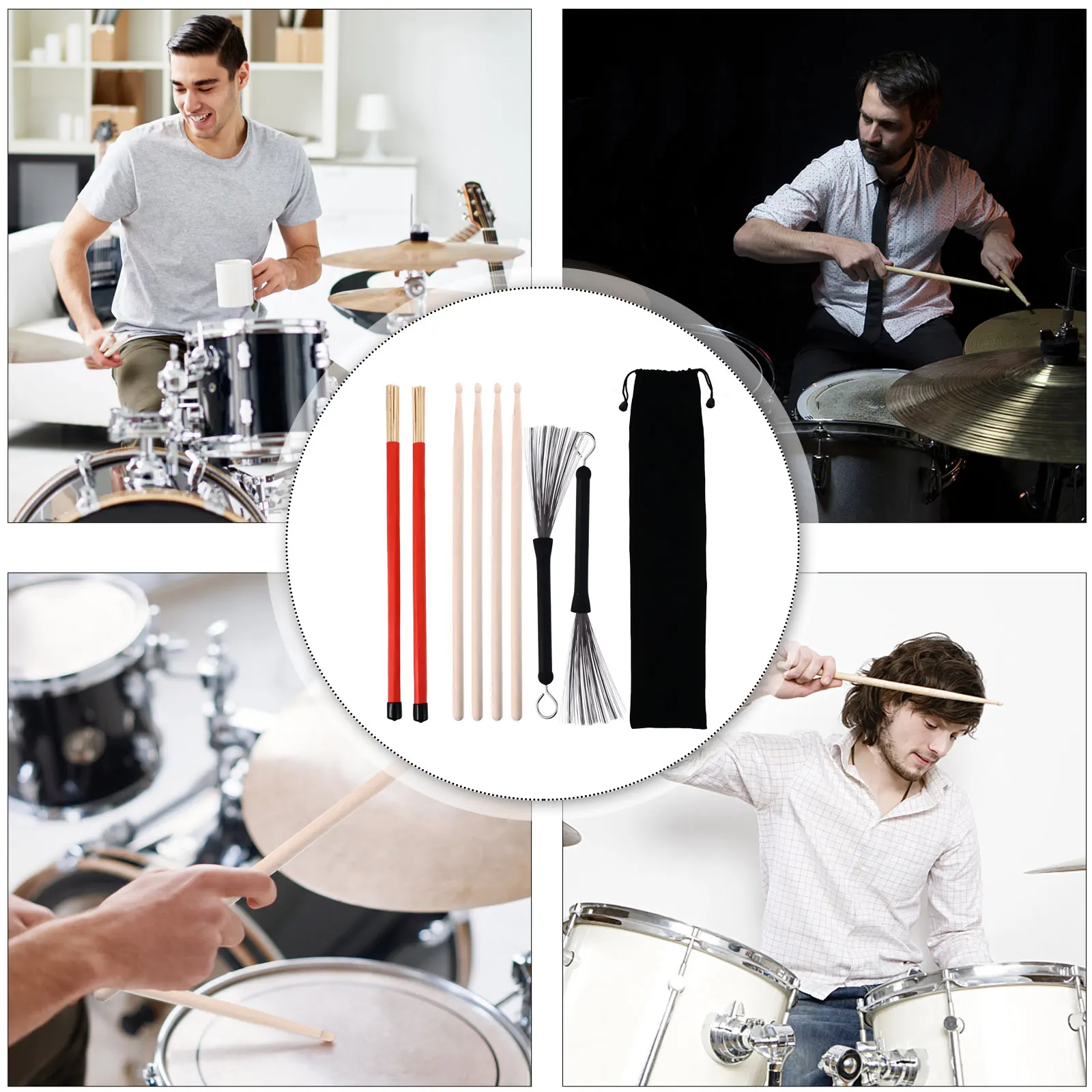 

1 set Bamboo Steel Set For Percussion Instruments Retractable Rods, Rubber Handle, Adjustable Drumsticks Sticks, Wire Brush