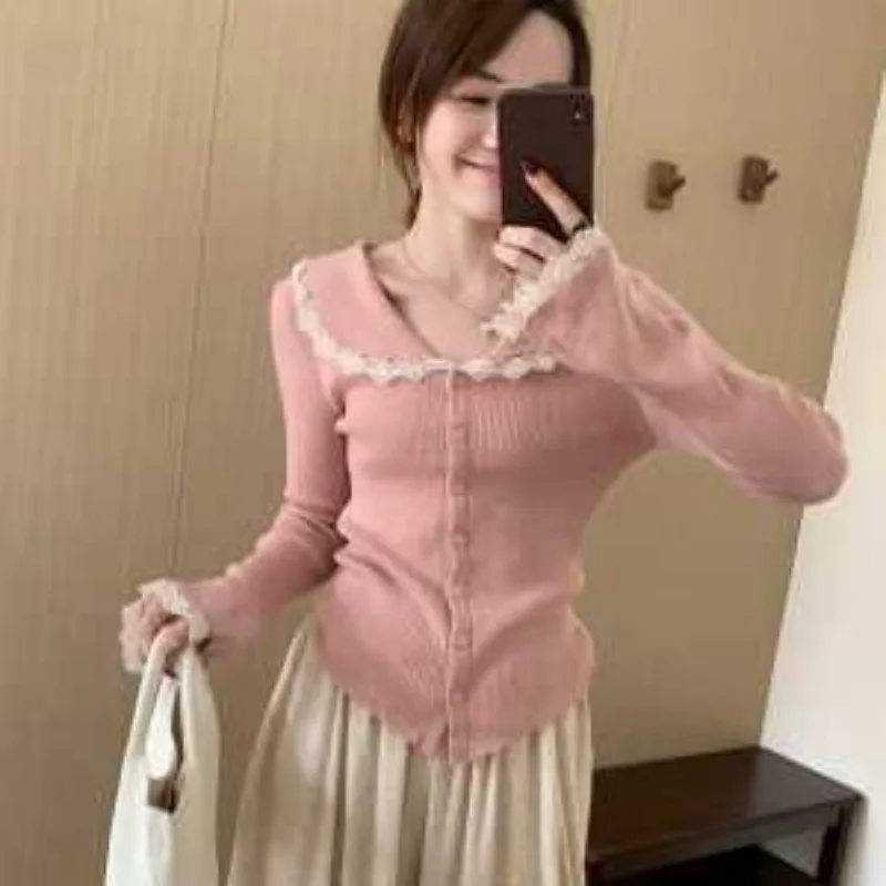 

French Style Lace Trumpet Sleeve Knitted Cardigan for Women Short Style Slim Fit Autumn and Winter Trendy Inner Wear