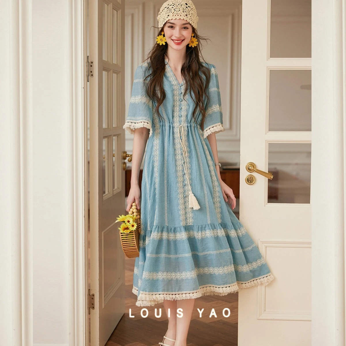 

LOUIS YAO Embroidered Bohemian Style Long Women's Dress 2025 Summer V-neck Ethnic with Tassel Decoration Blue Retro Dress