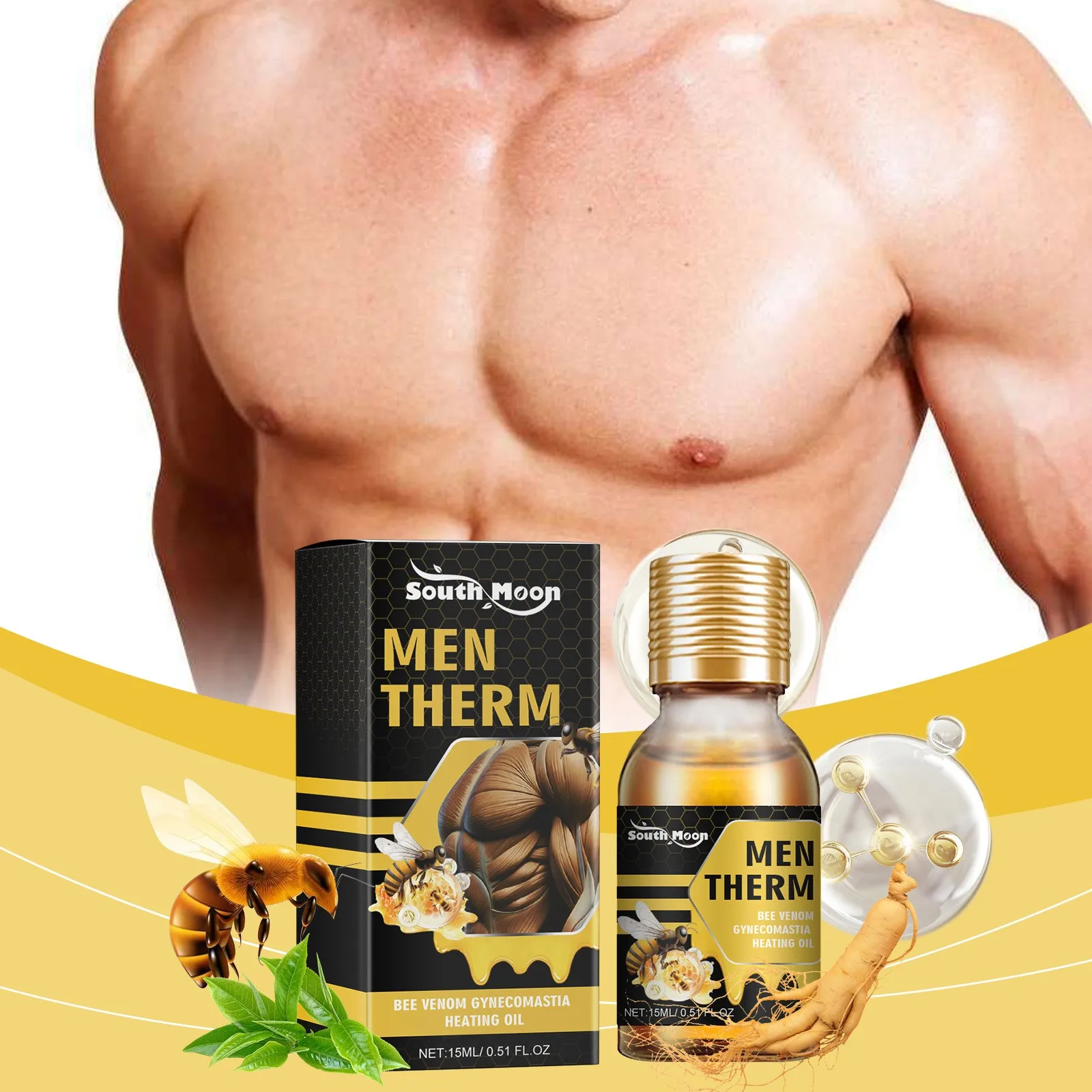 MenTherm Bee  Gynecomastia Heating Oil,  New Men  Bee  Oil, Eliminates Excess Breast Tissue, Strengthen Chest Muscles  15ml