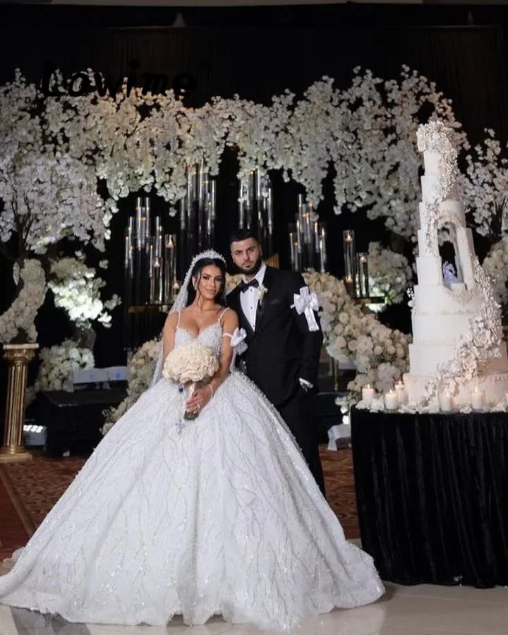 

Flavinke customized ﻿﻿ Full Pearl White Wedding Dresses Sequined Spaghetti Straps A Line Bridal Gowns Long Arabic Wedding 2025