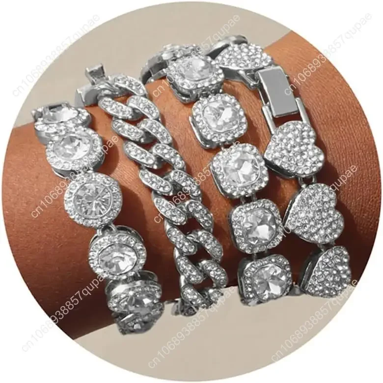 

4PCS Gold Bracelets for Women Silver Clustered Tennis Bracelet for Women Heart Round Diamond Cuban Bracelet Layered Link Bracele