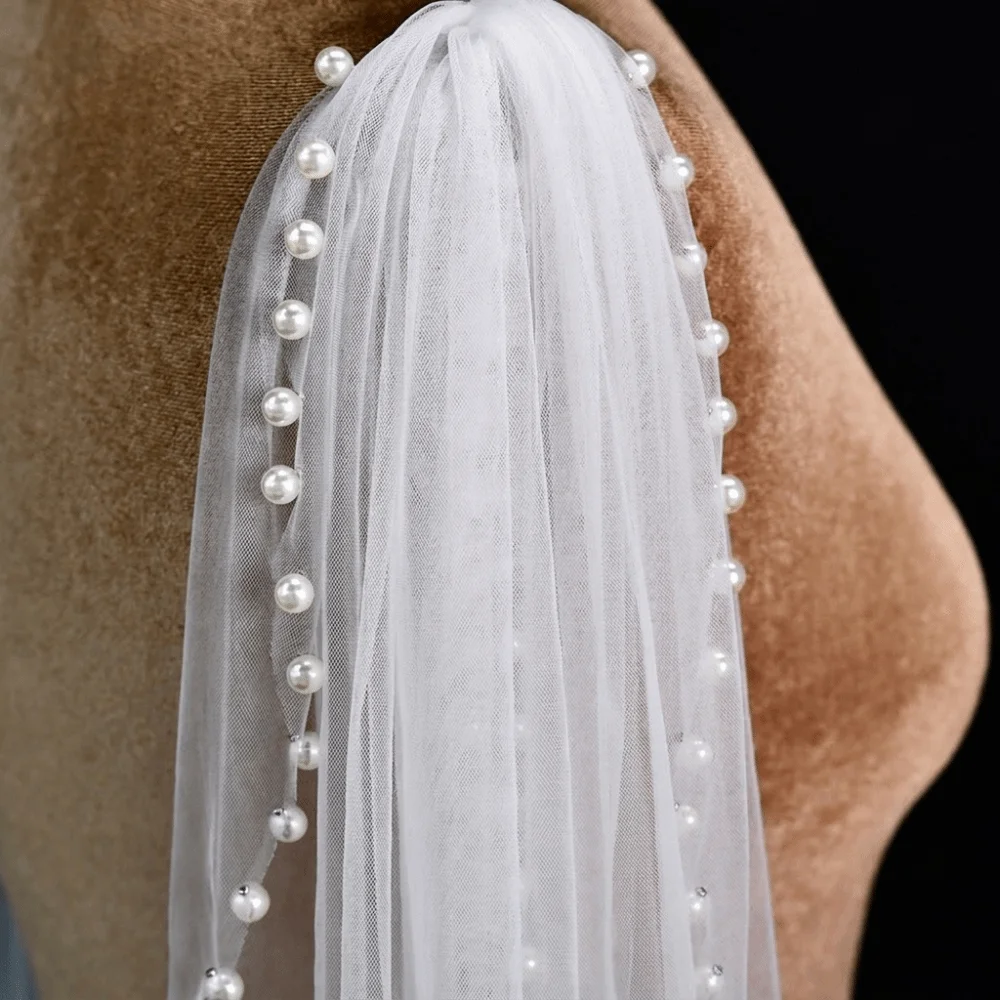 1 Pair Gauze Material Tulle Shoulder Cape Pearl Embellished Shoulder Drape Design Evening Dress Decoration Bridal Shawl Wrap