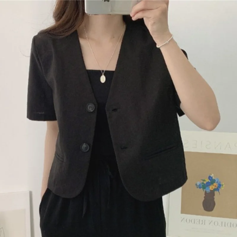 Korean Fashion V-neck Cotton and Linen Casual Short Sleeve Two Button Suit Jacket Women's Summer New Full Set Cardigan Top