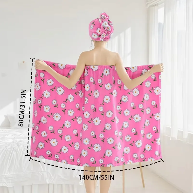 Two Piece Wrap Bath Dress Set Soft Absorbent Floral Print Summer Home Towel Robe Hair Drying Cap Women