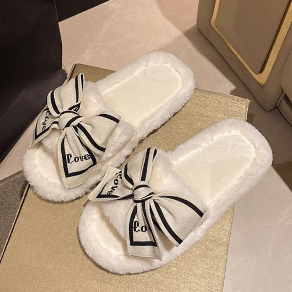 冬ソフトちょう結び毛皮スリッパノンスリップ暖かいぬいぐるみワンラインスリッパ厚い底かわいいホームスリッパ靴女の子