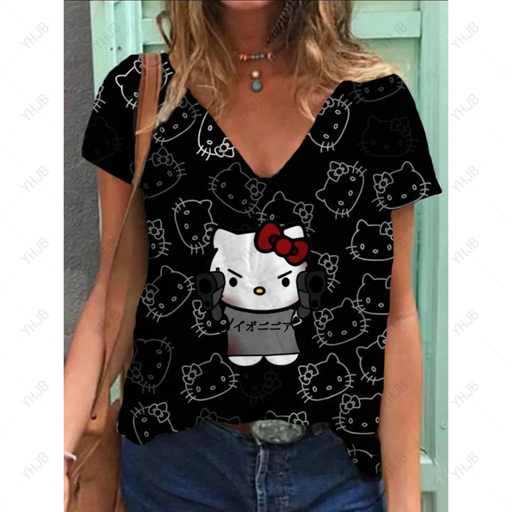 Hello Kitty V-neck  Female T Shirts  Graphic Top Women's Cartoon T-shirt Korean Popular Clothes Short Sleeve Woman Casual Tee