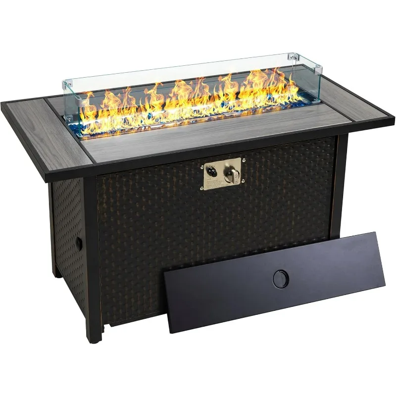 

45" Propane Fire Pit, Outdoor Fire Pit Tables Rectangular Tabletop with Lid and Fire Glass, 50000 BTU Glass Wind Guard and Table