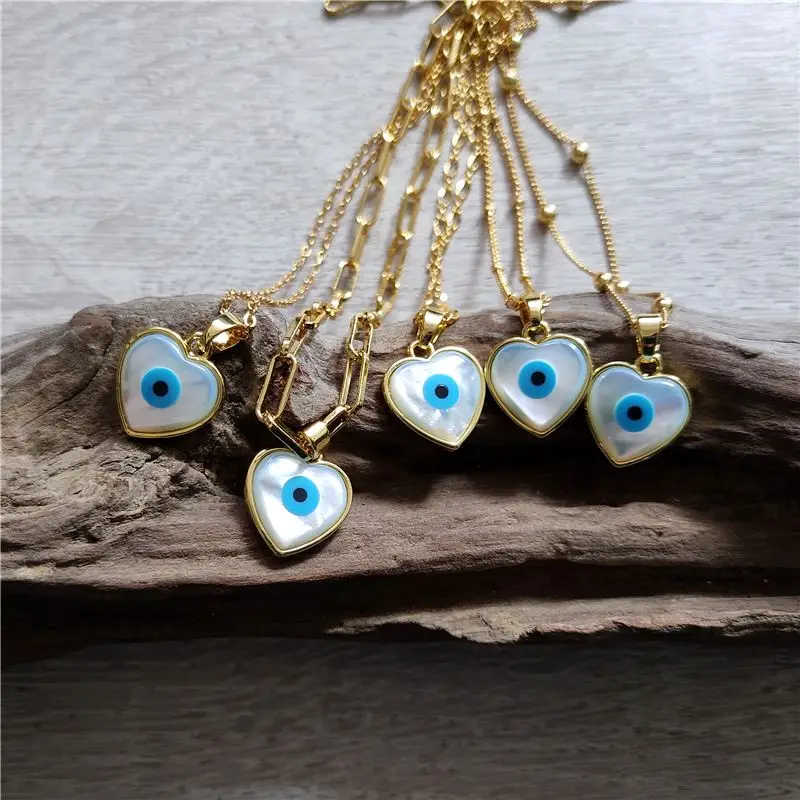 FUWO Wholesale Heart Shape Turkish Lucky Eye Shell Necklace,Golden Plated Brass Chain Jewelry For Women 5Pcs/Lot