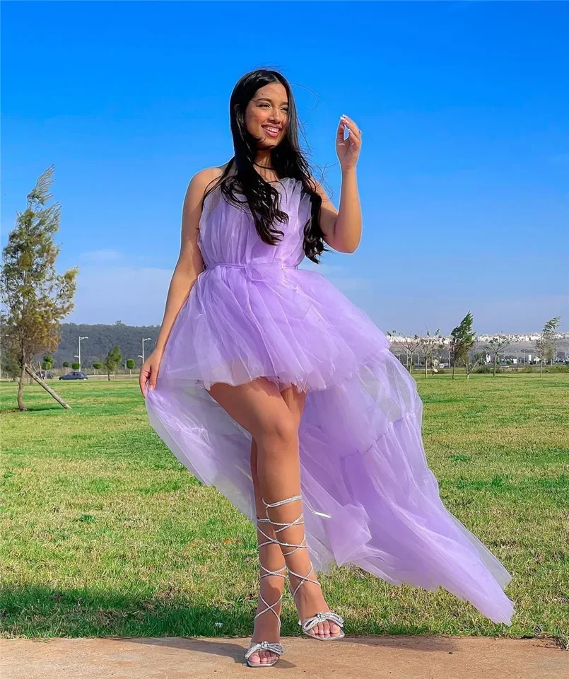 Venda quente elegante feminino alto baixo tule vestido sem alças cor sólida em camadas cocktail vestido de baile preto roxo