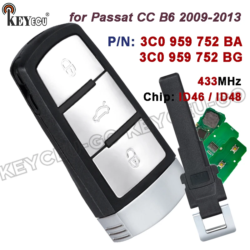 

Чип KEYECU 434 МГц ID46/ID48 3C0 959 752 BA/BG 3 кнопки для VW VolkMagotan Passat CC B6 2009-2013 Smart Remote Key Fob