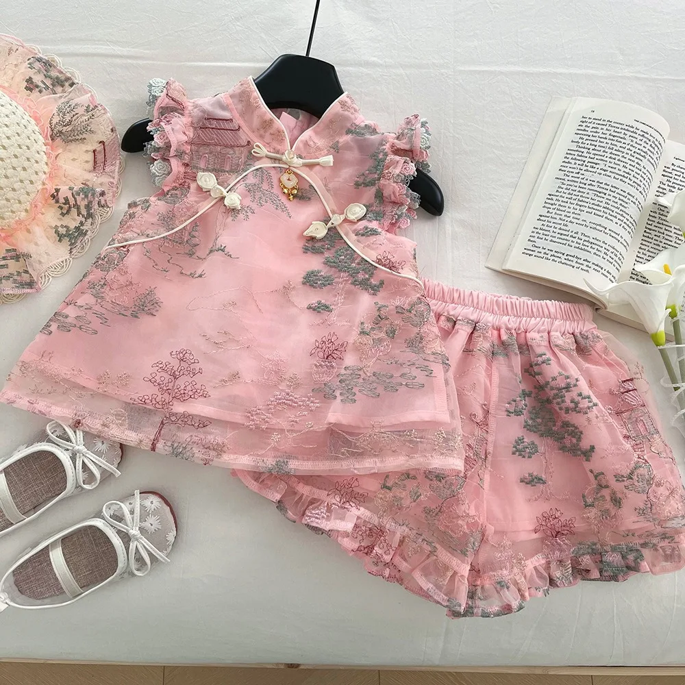 

2025 New Summer Girls' Set Sleeveless Top Embroidered Chinese Style Fashion Trend Vest Shorts Shoulder Two Piece Set