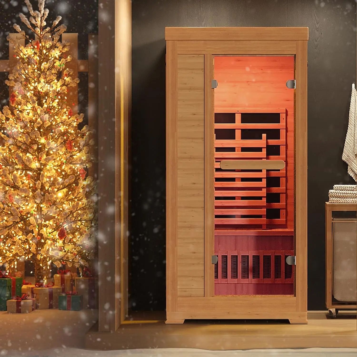 1-2 Personen 6,3 Fuß Infrarot-Sauna, 7-Farben Vollspektrum Holz-Trockensauna Kanadische Hemlock-Innensaunas mit 1745W, Maßanfertigung