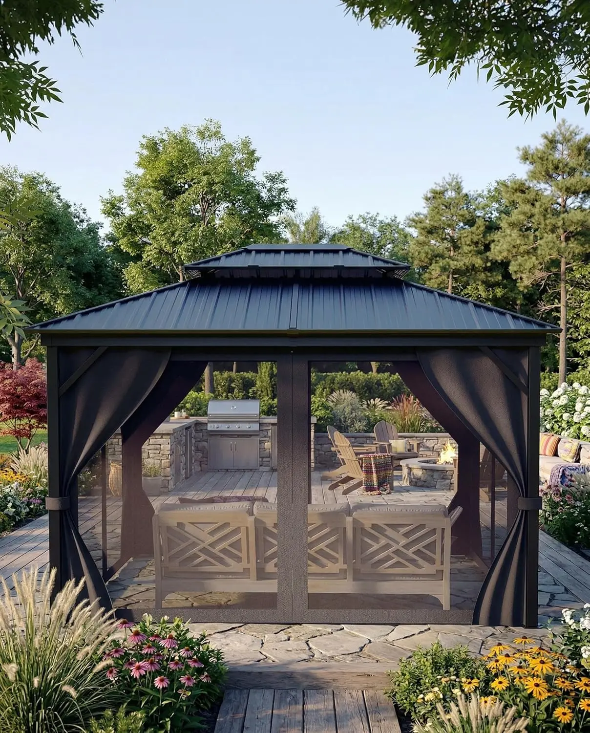 

10x12FT Hardtop Double Metal Roof Aluminum Frame Permanent Gazebo Curtains & Netting Patio Backyard Lawns, Customized