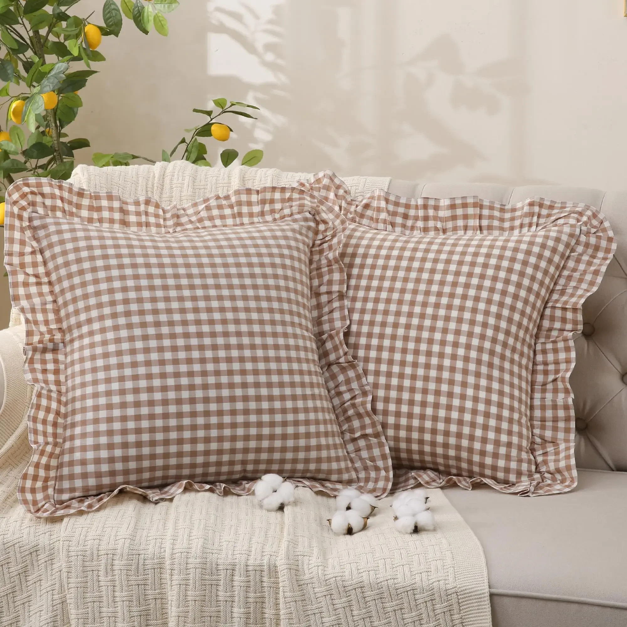 Throw Pillow Covers Washed Cotton Linen Feel Soft Comfy Ruffle Farmhouse Fall Decorative Pillow Case Set of 2 for Couch Sofa Bed