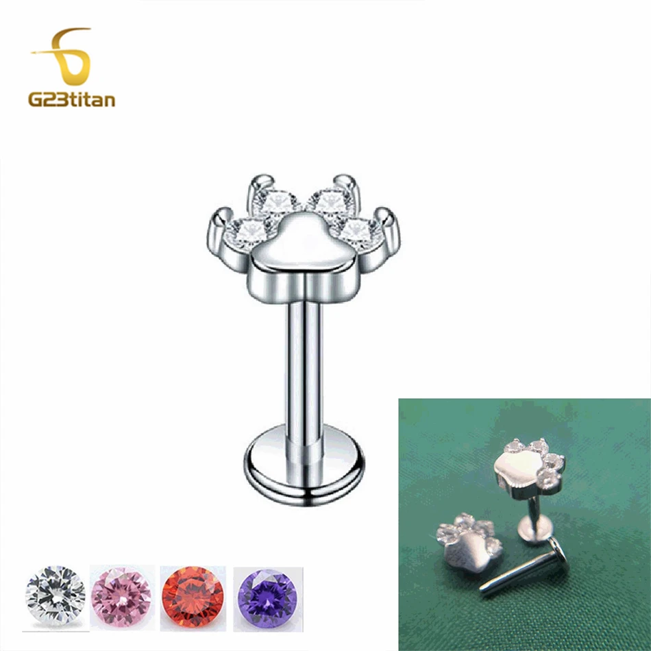 16G Titanium Cartilage Earrings Stud Flat Back Cat Paw Ear Piercing Jewelry Internally Threaded Medusa Lip Ring Body Accessories