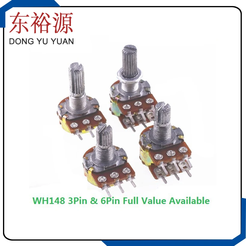 5PCS 3Pin 6pin 15mm Shaft Amplifier Dual Stereo Potentiometer WH148 B 1K 2K 5K 10K 20K 50K 100K 250K 500K 1M  B1/2/5/10/50/100K