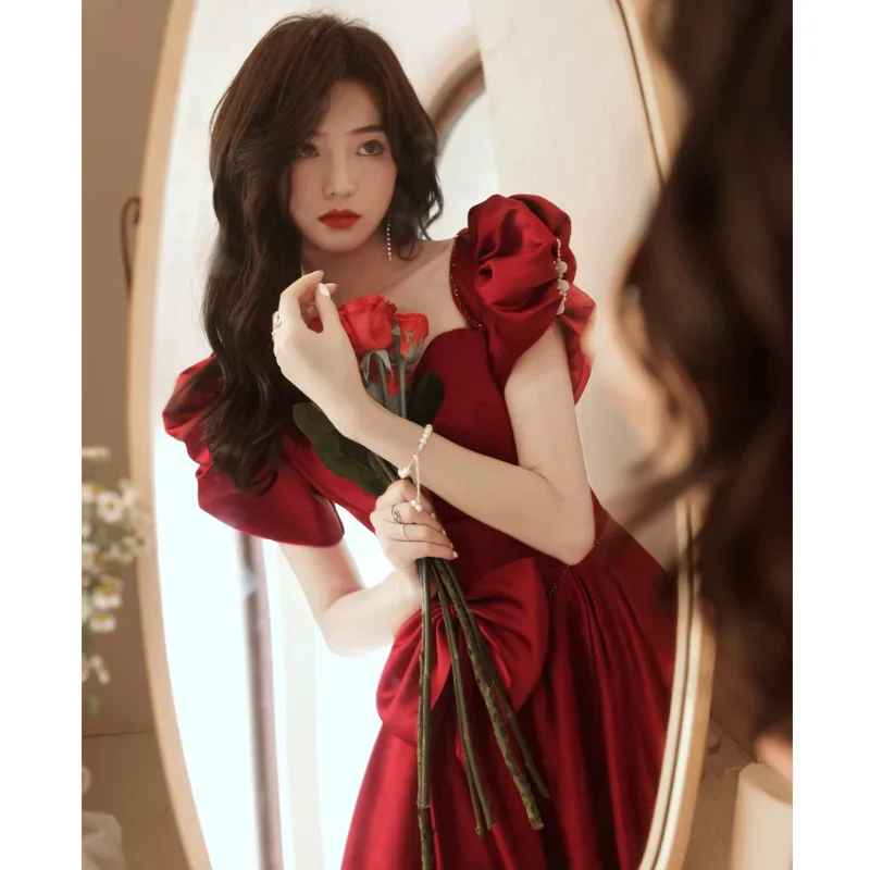 

New wine long sweat lady girl women prom dress chorus party ball performance dress gown Red Dress 2025 Spring