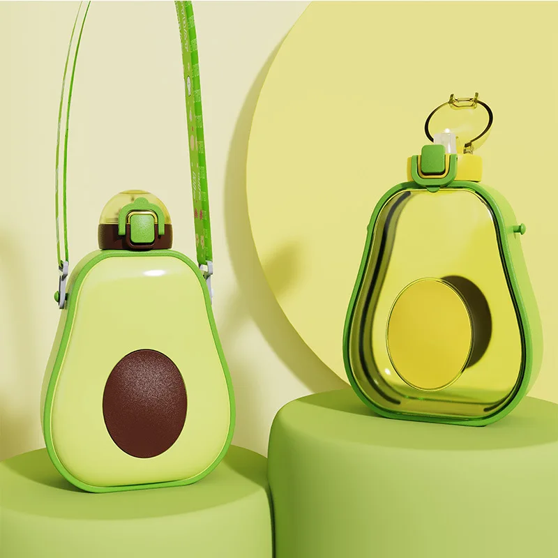 

Creative Cute Avocado Children's Water Cup with Outdoor Strap Straw Plastic High Value Kids Drinkware
