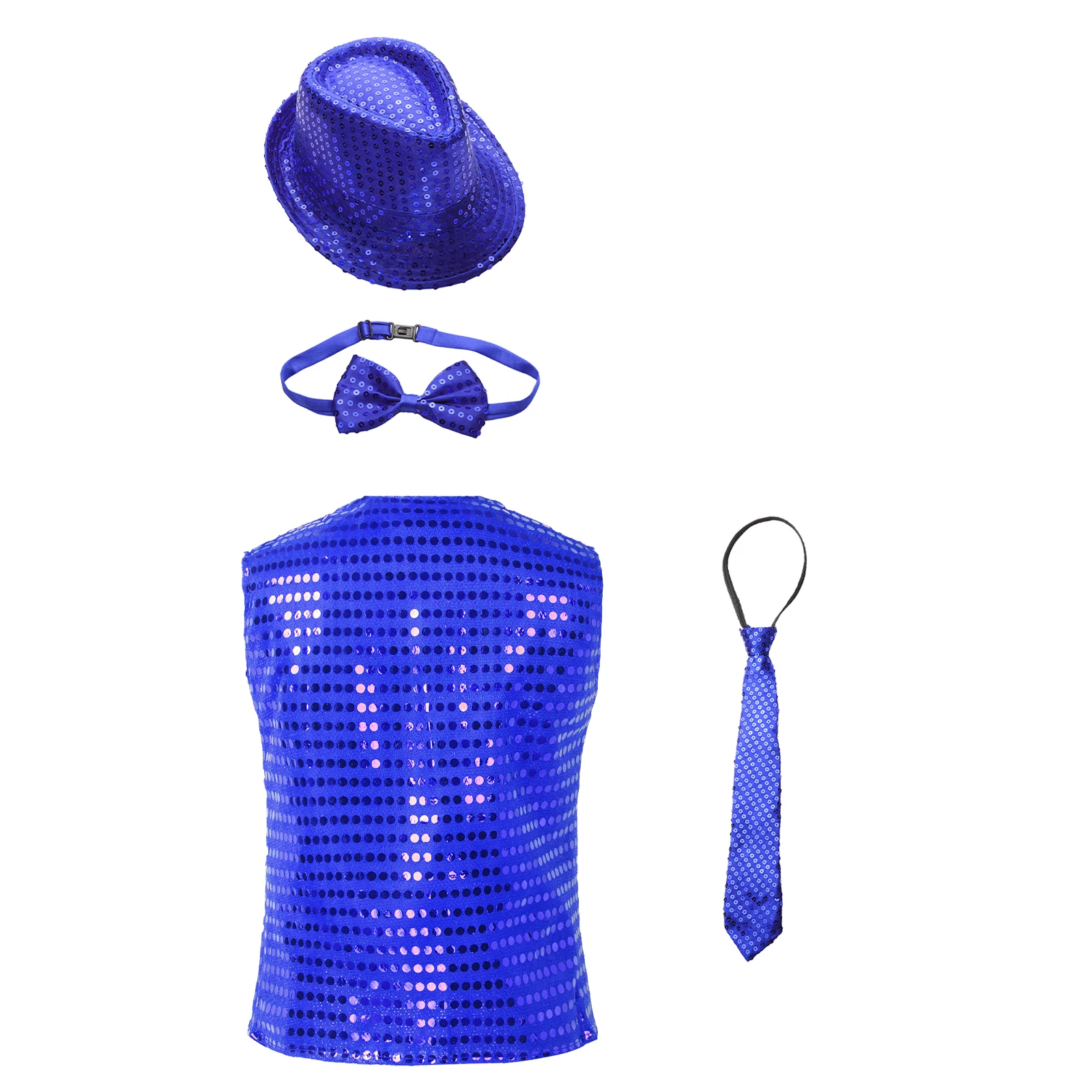 Kids Boys Glittery Sequin Dance Vest Tops Sleeveless V Neckline Buttons with Hat And Bowtie Necktie for Jazz Stage Performance